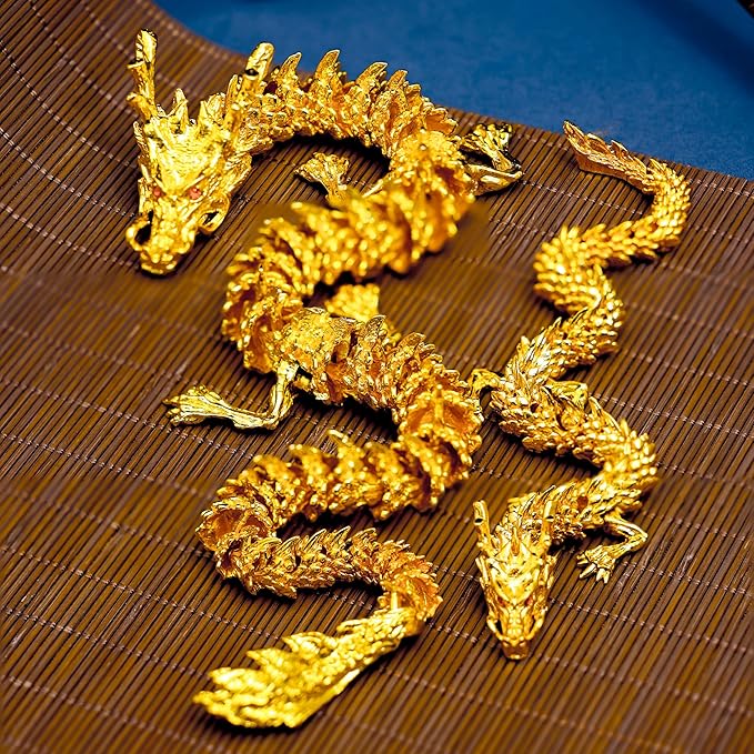 LIYAOLI 3D Golden Dragon Decor, Gold Articulated Dragon Statue Metal Toy for Boys, Chinese Dragon for Desk and Home Office, 9 Inch Luck Dragon