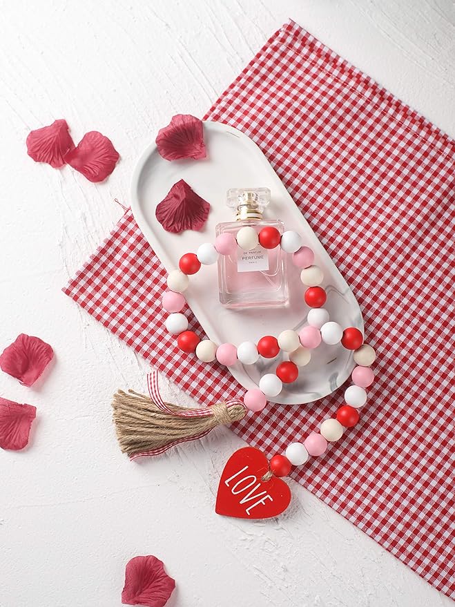 Valentine’s Day Wood Bead Garland with Tassels and Love Heart Shaped Wooden Embellishments Rustic Farmhouse Tiered Tray Wedding Decorations Home Decor (Red & White Love)