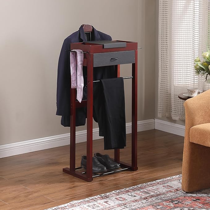 Proman Products Winston Freestanding Wooden Clothes Valet Stand Organizer with Hanger, Pant Rod, Drawer, Tie hook, Tray, Shoe Rack for men and women (Mahogany)