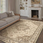Brown Area Rug 9x12 Washable Vintage Carpet for Living Room Bedroom Large Soft Retro Low Pile Thin Indoor Rug Non Slip Oriental Medallion Floor Cover for Dining Room Office