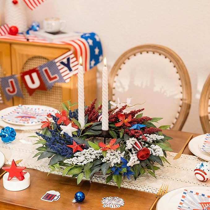 DecorbyHannah 4th of July Wreaths for Front Door, 18 inch Patriotic Wreath for Independence Day, Flag Day, Red White Blue Wreath Decorations with Top Hat Ornaments for Wall Porch USA 250th Holiday