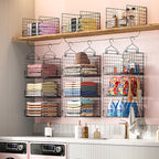 Sonyabecca 3-Tier Hanging Closet Organizer, Foldable Cabinet Wire Storage Basket Bins with 5 S Hooks, Closet Shelves & Hanging Closet Shelf for Clothing, Sweaters, Handbags, Hats