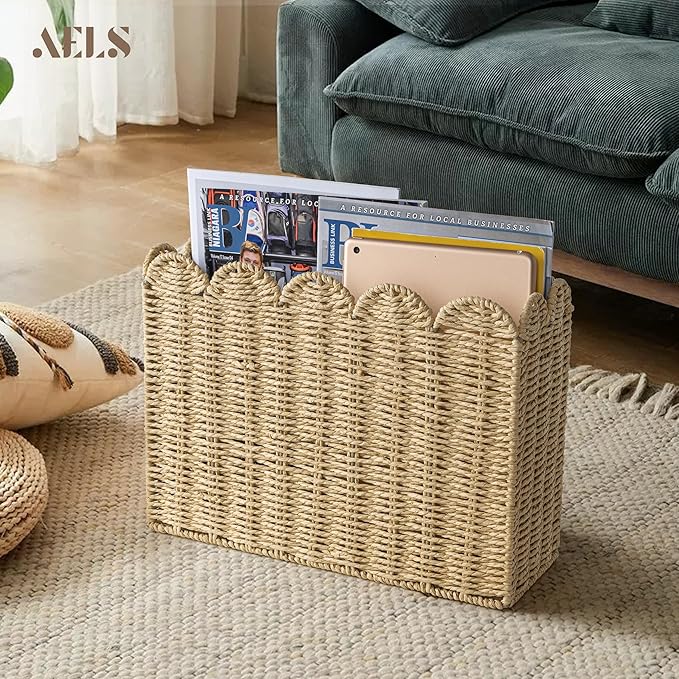 AELS Woven Natural Fibre Magazine Holder, Scalloped Edge Floor Magazine Rack, Hand-woven Organizer, Boho Modern Farmhouse Book Basket, File Newspaper Mail Holder for Office