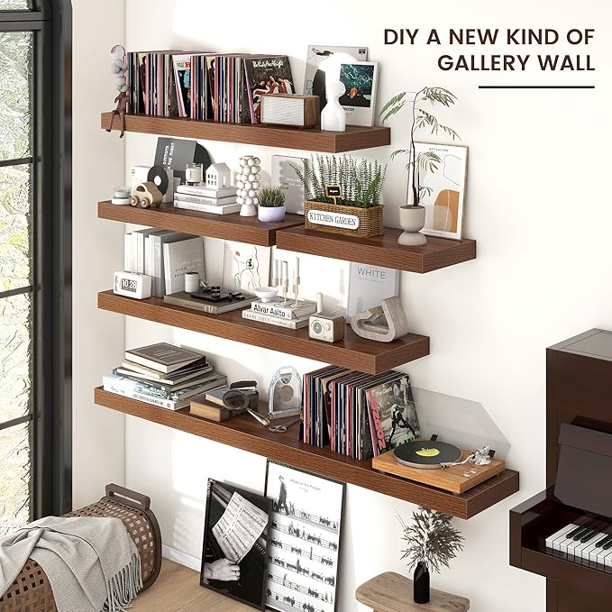 Venusmiles Floating Shelves for Wall, 48 Inch Wide x 12 Inch Deep Floating Shelves, Long Wood Floating Wall Shelf Shelves for Living Room Bathroom Bedroom Kitchen Home - (Walnut, 48" W x 12" D x 2" H)
