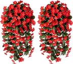 HyeFlora Artificial Fake Hanging Plants Flowers for Outdoor Outside Spring Decoration, 2 PCS Faux Silk Daisy Red Orchid Vines UV Resistant Realistic for Home Indoor Porch Patio Balcony