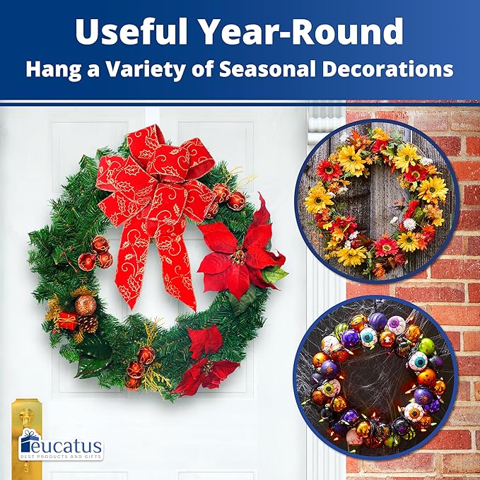 Non-Scratch 100% Clear 12In Xmas Wreath Hanger 3Pk. Best Long Hooks for Indoor or Outdoor Holiday Home Decor. Slim Christmas Wreaths Holders Hang Fall Halloween Decorations Over Front or Storm Door.