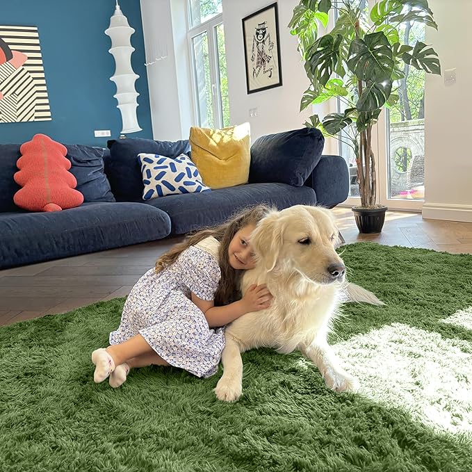 OLANLY 2x5 Machine Washable Runner Rugs for Hallway, Soft Fluffy Shaggy Bedside Rugs for Bedroom, Living Room, Indoor Floor Carpet for Kids Girls and Boys, Home Decor Aesthetic, Green