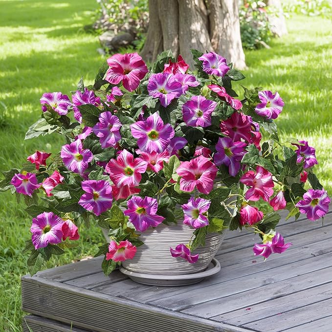 HyeFlora Artificial Flowers for Outdoors 2PCS Spring Faux Morning Glory Look Real Silk Flowers for Outside Planter UV Resistant Fake Flowers for Home Garden Balcony Yard Porch Deco
