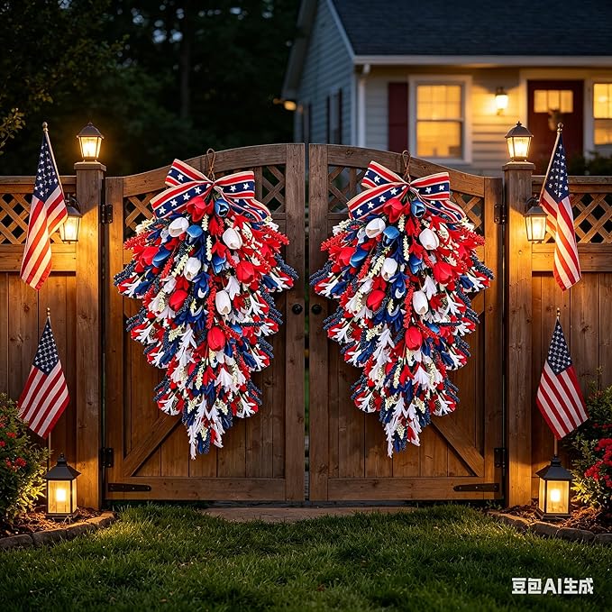 2 Pack 21'' Patriotic Teardrop Swag Wreaths for Cabinets Artificial 4th of July Swag Wreath with Red White Blue Tulips Floral and Berries for Independence Day Memorial Day Front Door Porch Window Wall