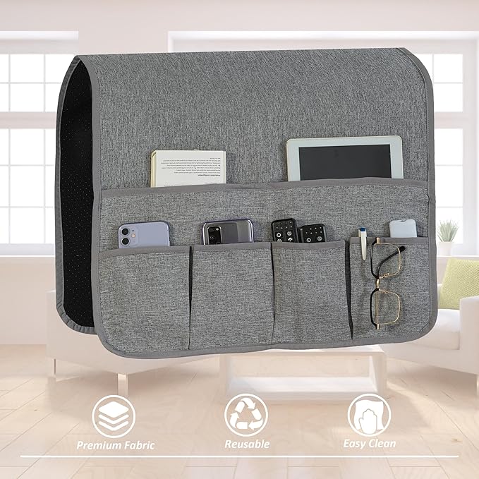 Faux Linen Armchair Caddy for Couch Remote Control Holder Non-slip Sofa Armset Organizer Caddy Storage for Recliner Couch 6 Pocket for Magazine 35"x19.5" Grey Linen 1 Piece