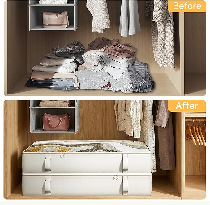 2-Pack Under Bed Storage Containers, 8 Inches Tall Underbed Clothes Storage Organizer Bin with Sturdy Sidewalls/Bottom, Under the Bed Storage Bags 2 Storage Bins, Beige