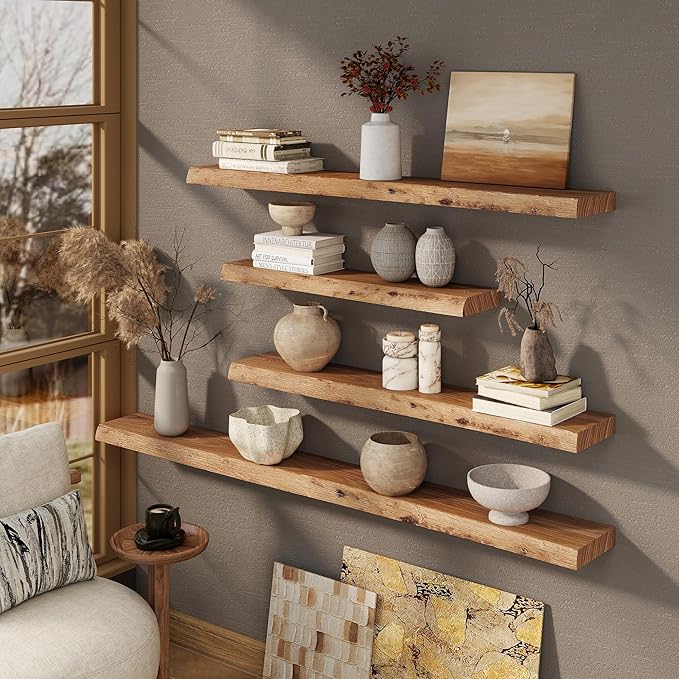 Marsmiles 55 inch Floating Shelves for Wall Elm Wood Live Edge Shelves Wall Mounted|Rustic Long Floating Shelves with Invisible Bracket for Bathroom Living Room Kitchen|Natural, 1 Pack