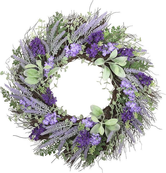 Haute Decor Mixed Artificial Lavender Wreath with Natural Grapevine - 24 Inch Spring Wreath for Front Door with Lavender, Eucalyptus, Cedar, Larkspur and Lamb's Ear Florals