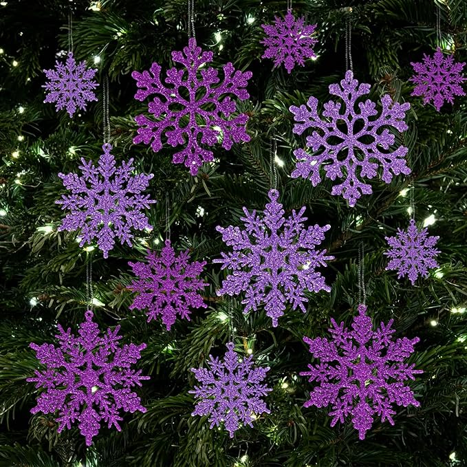 36pcs Purple Christmas Snowflake Ornaments, Plastic Glitter Hanging Snow Flakes for Christmas Tree Decorations Winter Wonderland Frozen Birthday Party Home Decor Craft Snowflakes