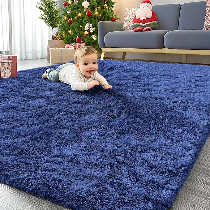OLANLY 5x6 Area Rugs for Living Room Bedroom, Machine Washable Soft Fluffy Shaggy Bedside Rug, Indoor Floor Carpet for Kids Girls and Boys, Dorms, Nursery Rooms, Home Decor Aesthetic, Navy Blue