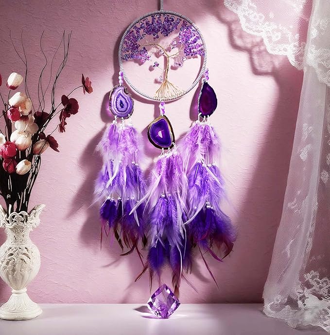 Large Dream Catcher,Sun Dream Catchers with Chakra Gemstone Agate Stone,Purple Crystal Tree Life,Dream Catcher for Girls,Dream Catchers for Adults,Home Ornaments Craft Gift (Purple)