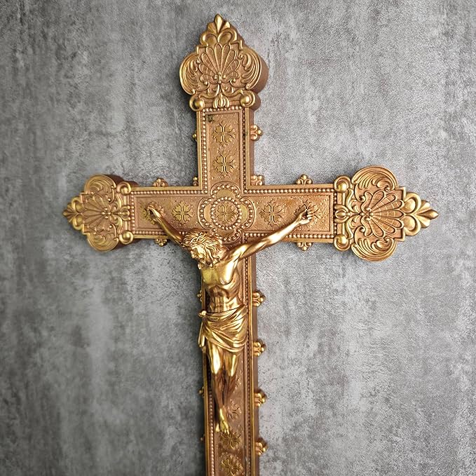 BC Catholic Crucifix Wall Cross, 12"H Jesus Christ Religious Home Decor, Catholic Wedding Gift, Gold Color Finish, Hand-painted by Buildclassic