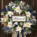 Waipfaru Spring Summer Wreaths for Front Door, 22 Inch Magnolia Wreath with Eucalyptus & Blue Grey Burlap Bow, Front Door Wreath for Farmhouse Porch Outdoor Decor Outside All Season (1 Pcs)