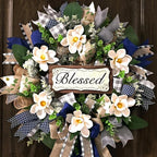 Waipfaru Spring Summer Wreaths for Front Door, 22 Inch Magnolia Wreath with Eucalyptus & Blue Grey Burlap Bow, Front Door Wreath for Farmhouse Porch Outdoor Decor Outside All Season (1 Pcs)