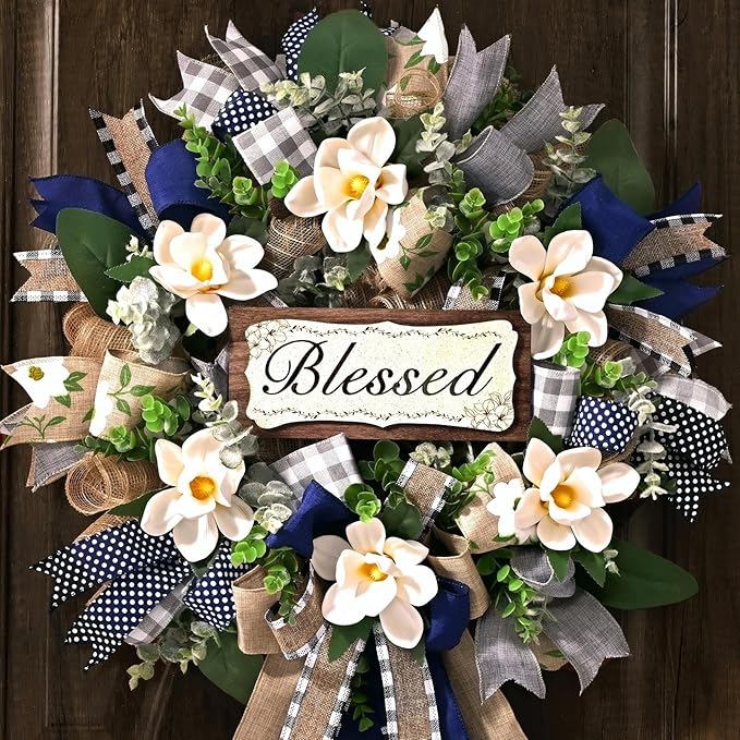Waipfaru Magnolia Wreaths for Front Door, 22 Inch Spring Summer Wreath with Eucalyptus & Blue Grey Burlap Bow, Year Round Wreaths for Porch Farmhouse Patio Door Decor All Season (2 Pcs)