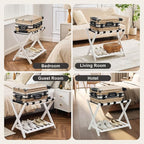 Fully Assembled Luggage Rack for Guest Room, Bamboo Foldable Suitcase Stand with Storage Shelf, Luggage Stand with 5 Nylon Straps, Luggage Holders for Guest Room Bedroom Hotel, White, 1 Pack