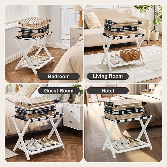 Fully Assembled Luggage Rack for Guest Room, Bamboo Foldable Suitcase Stand with Storage Shelf, Luggage Stand with 5 Nylon Straps, Luggage Holders for Guest Room Bedroom Hotel, White, 1 Pack