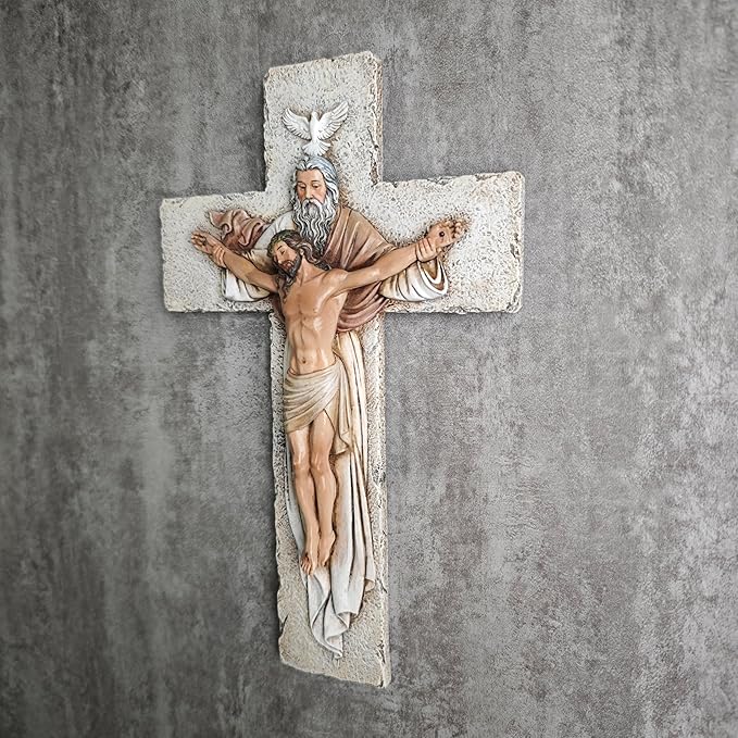 BC Catholic Holy Trinity Crucifix Wall Cross, 9.5" H Jesus Christ Inspirational Home Décor, Catholic Gifts, Religious Wall Sculpture handpainted by Buildclassic
