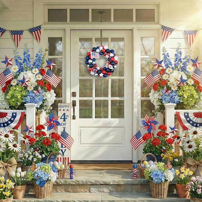 Valery Madelyn 4th of July Ball Wreath for Front Door with Lights, Red White Blue Patriotic Gnome Wreath Memorial Day Decorations with Ball Ornaments for USA 250th Anniversary Summer, 13"