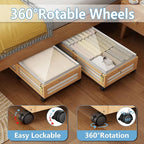Under Bed Storage Containers with Wheels, Larger Bamboo Wood Under Furniture Storage Containers with Dust Bags，Rolling for Shoes Clothes