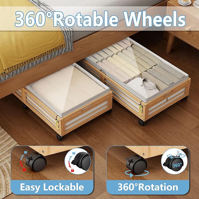 Under Bed Storage Containers with Wheels, Larger Bamboo Wood Under Furniture Storage Containers with Dust Bags，Rolling for Shoes Clothes