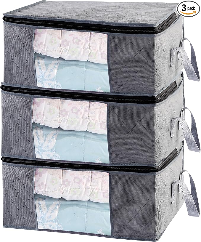 Storage Clothes Bins Closet Bags - 35L Containers Organizer Boxes Clothing Bin Organization for Organizing Blanket Pillow Sheet Sweater, Foldable Bedroom Small Storage Totes With Lids Zipper, 3pc Pack