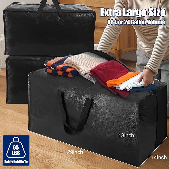Cosy Family 12 Pack Heavy Duty Moving Bags with Backpack Straps - Strong Handles & Zippers, Storage Totes For Space Saving, Fold Flat, Alternative to Moving Box (X-Large-Set of 12, Black)