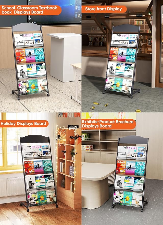 Baoz Magazine Rack Floor-Standing 4-Layer, Brochure Display Stand, Detachable Magazine Display with Wheels, High-hardness Metal Magazine Holder for Exhibitions, Office, Shopping Malls