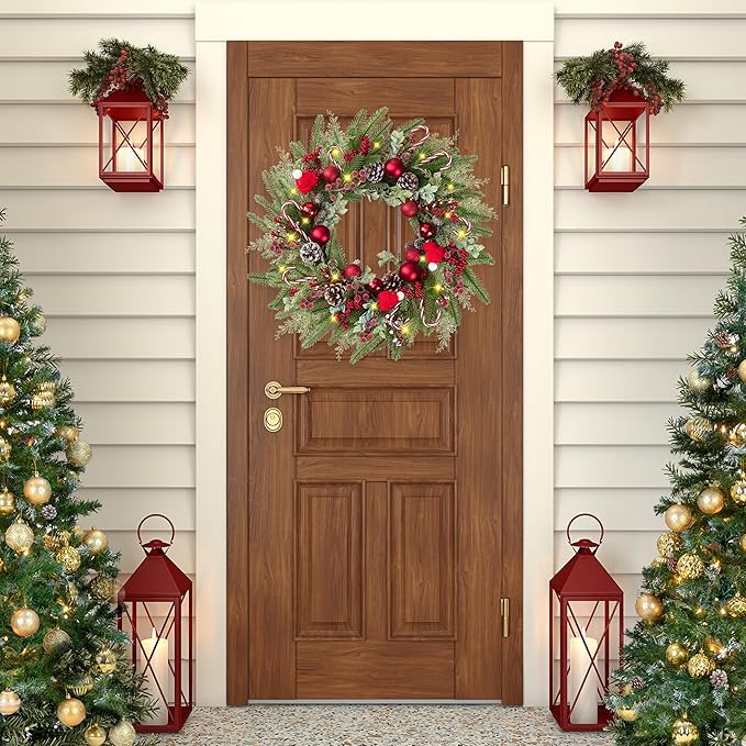 22’’ Artificial Christmas Wreath for Front Door with Red Balls Candy Canes Pine Needles Red Berries Pine Cones Christmas Decorations for Winter Wall Outdoor Home Holiday Xmas Decor
