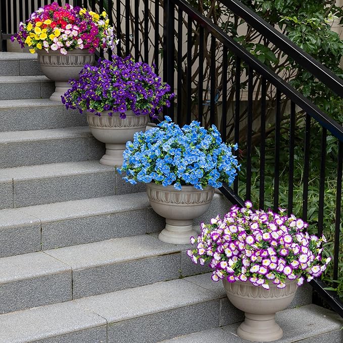Lnoicy Artificial Flowers for Outdoor 12 Bundles Eucalyptus Fake Flowers for Planter,UV Resistant Fake Morning Glory for Home/Porch/Garden Decoration（Purple/White）