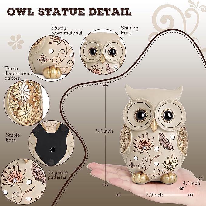 Owl Statue for Home Decor Accents - Boho Decor for Rooms, Bookshelf, Office Table and Living Rooms, Vintage Cute Figurines for Bird Lovers Owl Gifts