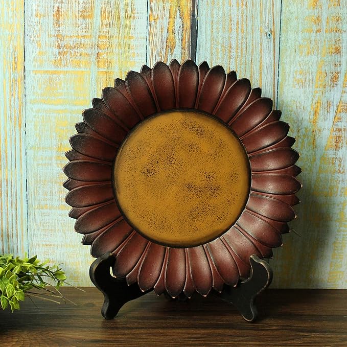 CVHOMEDECO. Sunflower Shape Country Vintage Display Wooden Plate Home and Office Decor Art, 11 Inch (Burgundy)