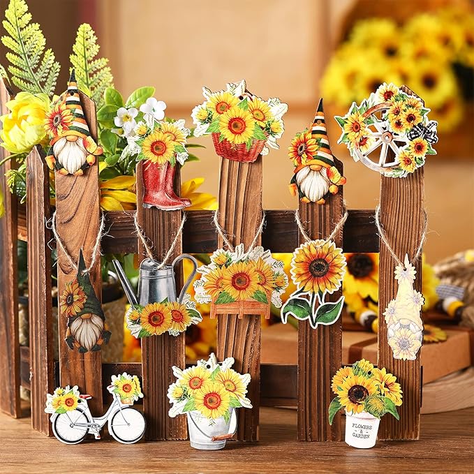 Maitys 36 Pcs Spring Flower Wooden Ornaments Sunflower Tulip Easter Tree Decoration Floral Gnome Hanging Wood Cutout Pastel Spring Decor for Home Small Tree Party(Sunflower)