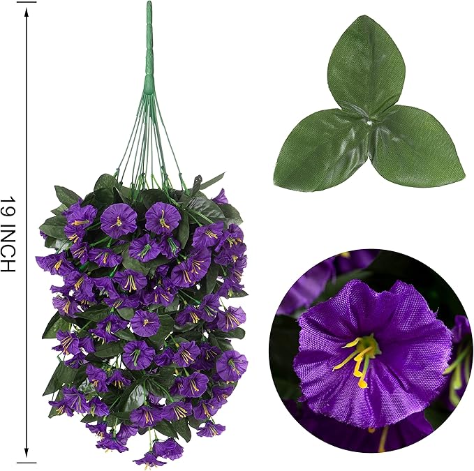 HyeFlora Artificial Fake Hanging Flowers Plants for Outdoor Outside Summer Decoration, 2PCS Faux Silk Morning Glory Purple UV Resistant Look Real Trailing Vines for Home Planter Porch Patio
