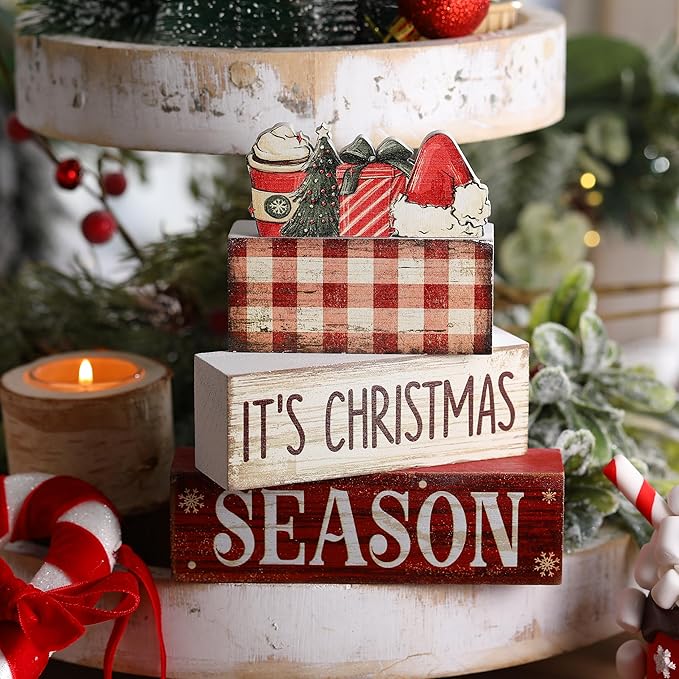 Lineshading 4 Pcs Christmas Table Decoration Wooden Hot Cocoa Santa Hat Decorations Christmas Tiered Tray Decor Winter Centerpiece Decorative Santa Hat Hot Cocoa Gift Box Tree Block Signs for Home