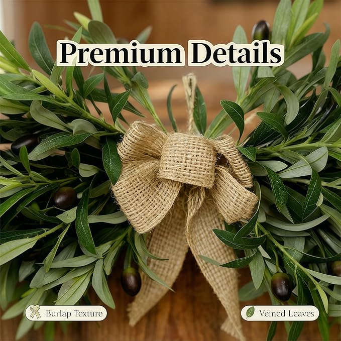 26" Farmhouse Olive Leaf Greenery Swag with Premium Burlap Bow Realistic Faux Olive Branch Door Decor for Front Door, Wall, Mantel, Table, Kitchen, Bathroom, Weddings & Seasonal Styling (Green 1Pcs)