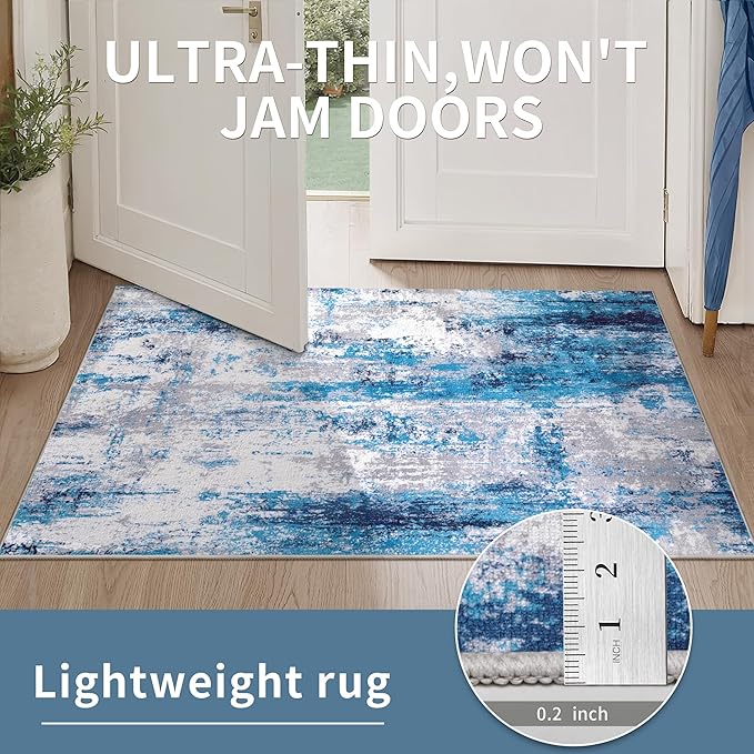 Ciicool Abstract Area Rug Indoor, 3x5 Washable Entryway Rug, Modern Soft Throw Rug with Non-Slip Backing Ideal for Bedroom Living Room Entrance Kitchen, Low-Pile Floor Carpet Doormat Grey Blue