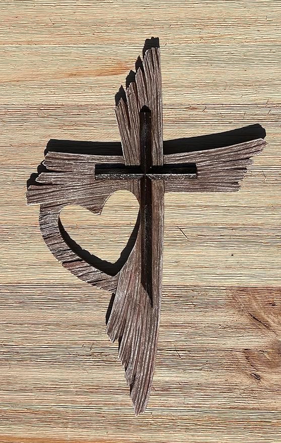 Top Brass Rustic One Love Decorative Heart Wall Cross - Multi Layered Weathered Wood Look Spiritual Jesus Art Sculpture