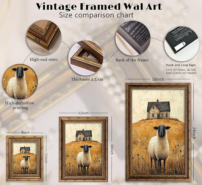Vintage Gold Framed Wall Art Retro Country Sheep Oil Painting Canvas Prints Farmhouse Landscape Picture Wall Decor Rustic Farmhouse Animal Poster Artwork for Living Room Bedroom Bathroom, 9x11in