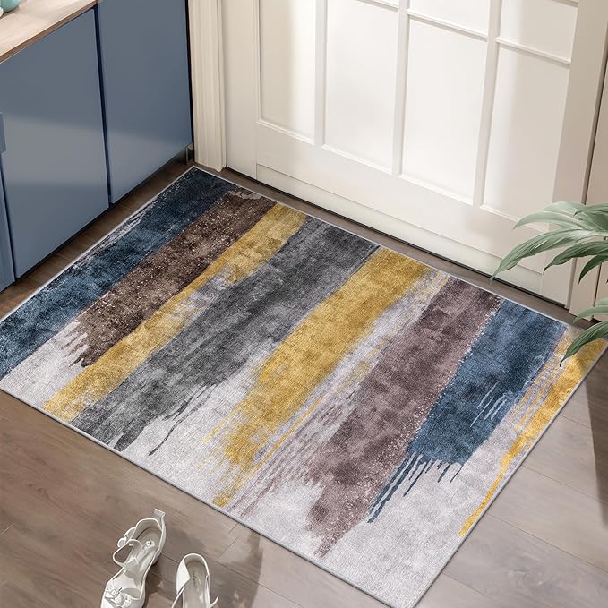Ciicool Modern Abstract Area Rug 2x3 Washable Small Entryway Rugs, Non-Slip Low Pile Throw Rug, Foldable Kitchen Bathroom Rugs, Yellow Grey Blue Floor Carpet for Entrance Bedroom Indoor Doormat