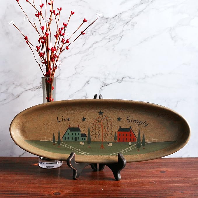 CVHOMEDECO. Primitive Rustic House Willow Tree Sheep Wood Decorative Plate Oval Crackled Display Wooden Plate Home Décor Art, 15-1/2 X 5-3/4 Inch