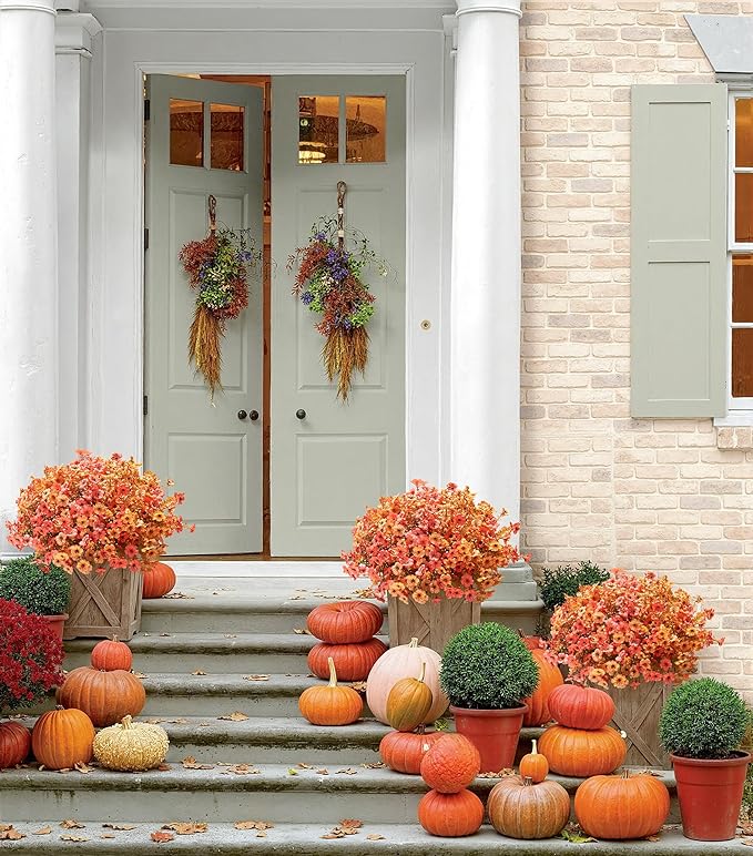 Artificial Fall Flowers Fake Mums for Outdoor Autumn Decoration, 12 Bundles Faux Silk Orange Yellow Mums Daisy Look Real UV Resistant for Outside Home Porch Patio Planter