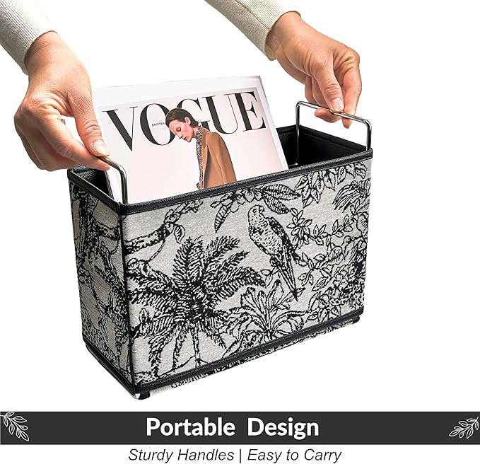 Jungle Theme Magazine Holder - Black & White Embroidered Fabric Magazine Rack Floor, Vintage Faux Leather Newspaper Book Basket Box for Bathroom, Living Room and Toilet (Random Pattern)