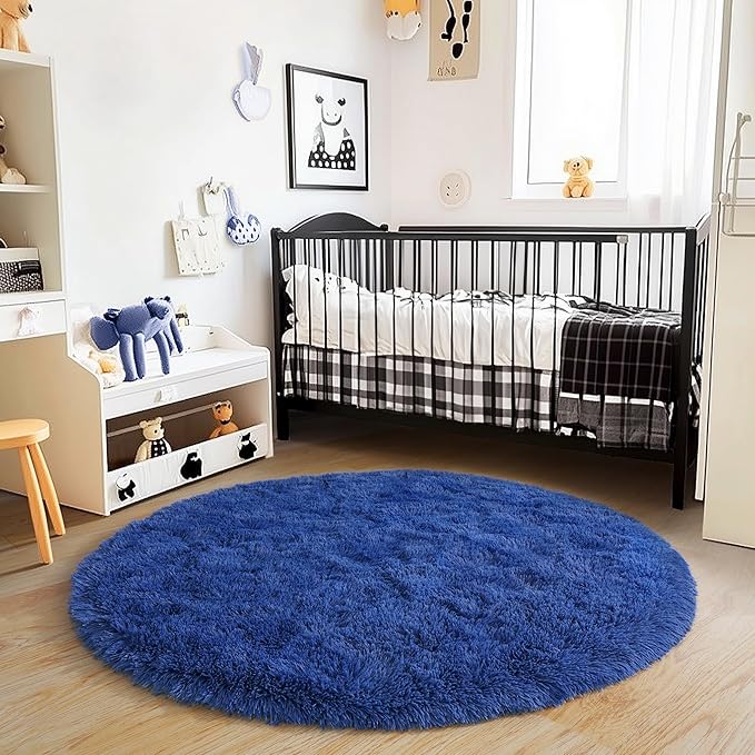 6‘x6’ Blue Round Rug for Bedroom, Ultra Soft Fluffy Circle Rug for Kids Girls Boys Room, Cute Shag Rugs for Living Room Playroom Teen Room Home Decor Rug