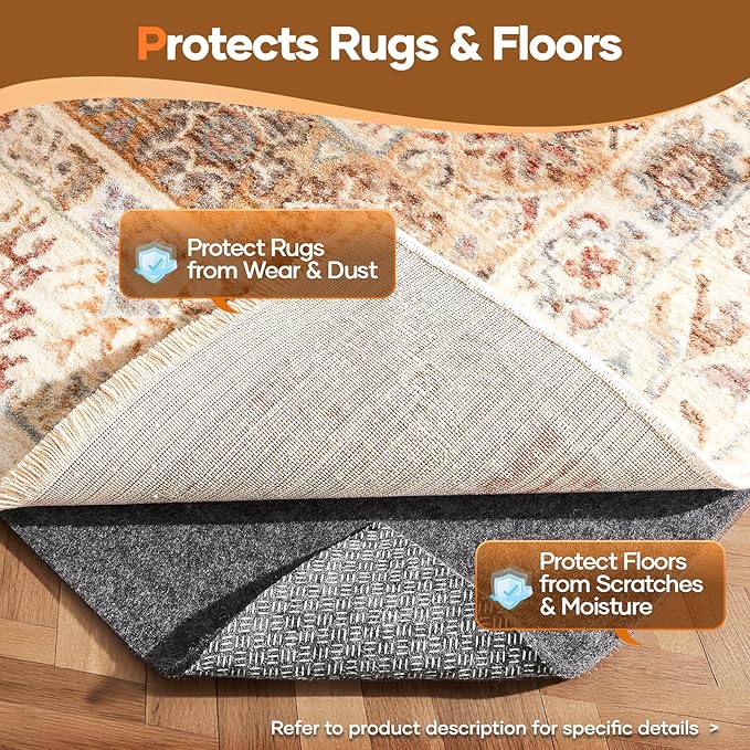 Veken Non Slip Cushioned Rug Pad Gripper 9 x 12 Ft, Felt and Silicone Backing, 1/8 inch Thick Carpet Liner for Hardwood Floors and Finishes, Under Area Rugs Anti Skid Mat, Keep Rugs Safe and in Place